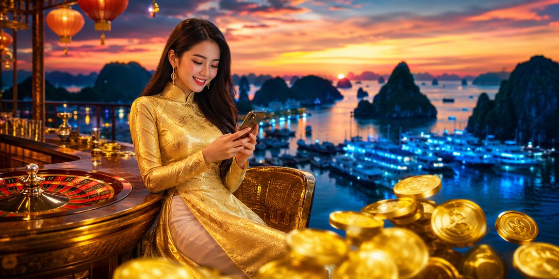 Phụ nữ Việt Nam mặc áo dài chơi roulette tại khu vực casino sang trọng nhìn ra vịnh Hạ Long